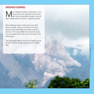 WEDHUS GEMBEL
M
ount Merapi’s Wedhus Gembel is a hot
cloud that could vaporize human body
with the burning effect similar to that of
high voltage electric shock or a lightning strike.
Mount Merapi which is still active now often
burst its ashes high up in the sky forming a
dense cloud resembling the shape of goat or
lamb fur. This cloud differs from ordinary cloud.
It is very dense and curly and can be seen from
miles away.
The Javanese believes that such a great natural
power must be named wisely as not to reflect
fear.
Sources : indonesia.travel; esdm.go.id
INDONESIATHEUNTOLDSTORIES
20
 