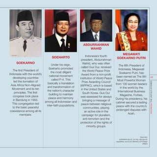Sources:
presidenri.go.id, un.org, dpd.go.id,
republika; voi.co.id, Ministry of Foreign
Affairs
MEGAWATI
SOEKARNO PUTRI
The fifth President of
Indonesia, Megawati
Soekarno Putri, has
been named as The 8th
Most Powerful Woman
from 100 women leaders
in the world by the
International Business
Magazine, Forbes,
During his presidency, his
cabinet secured a lasting
peace with the country’s
prolonged disputes with
Aceh.
SOEHARTO
Under his reign,
Soeharto promoted
the most diligent
national movement
called P-4. This
basically a translation
and transformation of
the nation’s character
building to maintain
peace and harmony
among all Indonesian and
inter-faith populations.
ABDURRAHMAN
WAHID
Indonesia’s fourth
president, Abdurrahman
Wahid, who was often
called Gus Dur, received
the World Peace Prize
Award from a non-profit
institution of World Peace
Prize Awarding Council
(WPPAC), which is based
in the United States and
South Korea. Gus Dur
was assessed for always
bringing a message of
peace between religious
communities, playing
an active role in the
campaign for pluralism,
anti-terrorism and the
protection of the rights of
minority groups.
SOEKARNO
The first President of
Indonesia with the world’s
developing countries
led the formation of
Asia Africa Non-Aligned
Movement and its ten
principles. The first
congress took place
in Bandung in 1955.
This congregation led
to the basic peaceful
coexistence among all its
members.
INDONESIATHEUNTOLDSTORIES
48
 