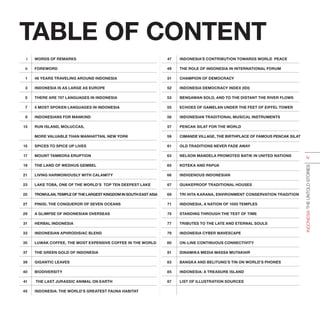 TABLE OF CONTENT
WORDS OF REMARKS
FOREWORD
46 YEARS TRAVELING AROUND INDONESIA
INDONESIA IS AS LARGE AS EUROPE
THERE ARE 707 LANGUAGES IN INDONESIA
5 MOST SPOKEN LANGUAGES IN INDONESIA
INDONESIANS FOR MANKIND
RUN ISLAND, MOLUCCAS,
MORE VALUABLE THAN MANHATTAN, NEW YORK
SPICES TO SPICE UP LIVES
MOUNT TAMBORA ERUPTION
THE LAND OF WEDHUS GEMBEL
LIVING HARMONIOUSLY WITH CALAMITY
LAKE TOBA, ONE OF THE WORLD’S TOP TEN DEEPEST LAKE
TROWULAN, TEMPLE OF THE LARGEST KINGDOM IN SOUTH EAST ASIA
PINISI, THE CONQUEROR OF SEVEN OCEANS
A GLIMPSE OF INDONESIAN OVERSEAS
HERBAL INDONESIA
INDONESIAN APHRODISIAC BLEND
LUWAK COFFEE, THE MOST EXPENSIVE COFFEE IN THE WORLD
THE GREEN GOLD OF INDONESIA
GIGANTIC LEAVES
BIODIVERSITY
THE LAST JURASSIC ANIMAL ON EARTH
INDONESIA: THE WORLD’S GREATEST FAUNA HABITAT
i
ii
1
3
5
7
9
13
15
17
19
21
23
25
27
29
31
33
35
37
39
40
41
45
47
49
51
52
53
55
56
57
59
61
63
65
66
67
69
71
75
77
79
80
81
83
85
87
INDONESIA’S CONTRIBUTION TOWARDS WORLD PEACE
THE ROLE OF INDONESIA IN INTERNATIONAL FORUM
CHAMPION OF DEMOCRACY
INDONESIA DEMOCRACY INDEX (IDI)
BENGAWAN SOLO, AND TO THE DISTANT THE RIVER FLOWS
ECHOES OF GAMELAN UNDER THE FEET OF EIFFEL TOWER
INDONESIAN TRADITIONAL MUSICAL INSTRUMENTS
PENCAK SILAT FOR THE WORLD
CIMANDE VILLAGE, THE BIRTHPLACE OF FAMOUS PENCAK SILAT
OLD TRADITIONS NEVER FADE AWAY
NELSON MANDELA PROMOTED BATIK IN UNITED NATIONS
KOTEKA AND PAPUA
INDIGENOUS INDONESIAN
QUAKEPROOF TRADITIONAL HOUSES
TRI HITA KARANA, ENVIRONMENT CONSERVATION TRADITION
INDONESIA, A NATION OF 1000 TEMPLES
STANDING THROUGH THE TEST OF TIME
TRIBUTES TO THE LATE AND ETERNAL SOULS
INDONESIA CYBER WAVESCAPE
ON-LINE CONTINUOUS CONNECTIVITY
DINAMIKA MEDIA MASSA MUTAKHIR
BANGKA AND BELITUNG’S TIN ON WORLD’S PHONES
INDONESIA: A TREASURE ISLAND
LIST OF ILLUSTRATION SOURCES
INDONESIATHEUNTOLDSTORIES
iv
 