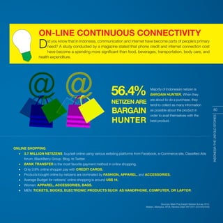 INDONESIA,PELANGIDUNIA
Majority of Indonesian netizen is
BARGAIN HUNTER. When they
are about to do a purchase, they
tend to collect as many information
as possible about the product in
order to avail themselves with the
best product.
ONLINE SHOPPING
•	 3.7 MILLION NETIZENS buy/sell online using various exitsting platforms from Facebook, e-Commerce site, Classified Ads
forum, BlackBerry Group, Blog, to Twitter.
•	 BANK TRANSFER is the most favorite payment method in online shopping.
•	 Only 3.9% online shopper pay with CREDIT CARDS.
•	 Products bought online by netizens are dominated by FASHION, APPAREL, and ACCESSORIES.
•	 Average Budget for netizens’ online shopping is around US$ 14.
•	 Women: APPAREL, ACCESSORIES, BAGS.
•	 MEN: TICKETS, BOOKS, ELECTRONIC PRODUCTS SUCH AS HANDPHONE, COMPUTER, OR LAPTOP.
Sources: Mark Plus Insight Netizen Survey 2012,
Nielsen, Markplus, APJII, Renstra Ditjen IKP 2011-2014 Kominfo
NETIZEN ARE
BARGAIN
HUNTER
56.4%
INDONESIATHEUNTOLDSTORIES
80
Did you know that in Indonesia, communication and internet have become parts of people’s primary
need? A study conducted by a magazine stated that phone credit and internet connection cost
have become a spending more significant than food, beverages, transportation, body care, and
health expenditure.
ON-LINE CONTINUOUS CONNECTIVITY
 