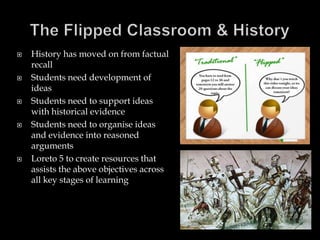 









History has moved on from factual
recall
Students need development of
ideas
Students need to support ideas
with historical evidence
Students need to organise ideas
and evidence into reasoned
arguments
Loreto 5 to create resources that
assists the above objectives across
all key stages of learning

 