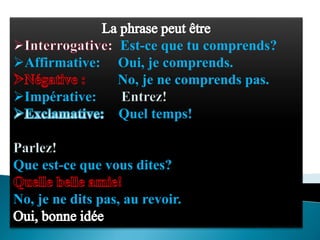 Est-ce que tu comprends?
Affirmative: Oui, je comprends.
No, je ne comprends pas.
Impérative:
Quel temps!
Que est-ce que vous dites?
No, je ne dits pas, au revoir.
 