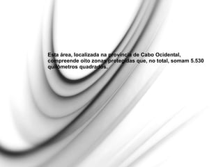 Esta área, localizada na província de Cabo Ocidental,
compreende oito zonas protegidas que, no total, somam 5.530
quilômetros quadrados.