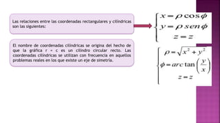 Las relaciones entre las coordenadas rectangulares y cilíndricas
son las siguientes:
El nombre de coordenadas cilíndricas se origina del hecho de
que la gráfica r = c es un cilindro circular recto. Las
coordenadas cilíndricas se utilizan con frecuencia en aquellos
problemas reales en los que existe un eje de simetría.
 