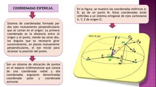 Sistema de coordenadas formado por
dos ejes mutuamente perpendiculares
que se cortan en el origen. La primera
coordenada es la distancia entre el
origen y el punto, siendo las otras dos,
los ángulos que es necesario girar
sucesivamente, en planos mutuamente
perpendiculares, el eje inicial para
alcanzar la posición del punto.
Son un sistema de ubicación de puntos
en el espacio tridimensional que consta
de una coordenada radial y dos
coordenadas angulares denominadas
coordenada polar y coordenada
azimutal.
COORDENADAS ESFÉRICAS. En la figura, se muestra las coordenadas esféricas (r,
θ, φ) de un punto M. Estas coordenadas están
referidas a un sistema ortogonal de ejes cartesianos
X, Y, Z de origen O.
 