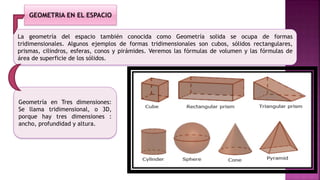La geometría del espacio también conocida como Geometría solida se ocupa de formas
tridimensionales. Algunos ejemplos de formas tridimensionales son cubos, sólidos rectangulares,
prismas, cilindros, esferas, conos y pirámides. Veremos las fórmulas de volumen y las fórmulas de
área de superficie de los sólidos.
Geometría en Tres dimensiones:
Se llama tridimensional, o 3D,
porque hay tres dimensiones :
ancho, profundidad y altura.
GEOMETRIA EN EL ESPACIO
 