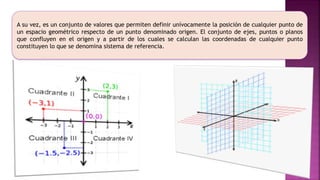 A su vez, es un conjunto de valores que permiten definir unívocamente la posición de cualquier punto de
un espacio geométrico respecto de un punto denominado origen. El conjunto de ejes, puntos o planos
que confluyen en el origen y a partir de los cuales se calculan las coordenadas de cualquier punto
constituyen lo que se denomina sistema de referencia.
 