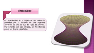 La hiperboloide es la superficie de revolución
generada por la rotación de una hipérbola
alrededor de uno de sus dos ejes de simetría.
Dependiendo del eje elegido, el hiperboloide
puede ser de una o dos hojas.
HIPERBOLOIDE
 