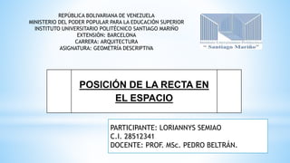 PARTICIPANTE: LORIANNYS SEMIAO
C.I. 28512341
DOCENTE: PROF. MSc. PEDRO BELTRÁN.
POSICIÓN DE LA RECTA EN
EL ESPACIO
REPÚBLICA BOLIVARIANA DE VENEZUELA
MINISTERIO DEL PODER POPULAR PARA LA EDUCACIÓN SUPERIOR
INSTITUTO UNIVERSITARIO POLITÉCNICO SANTIAGO MARIÑO
EXTENSIÓN: BARCELONA
CARRERA: ARQUITECTURA
ASIGNATURA: GEOMETRÍA DESCRIPTIVA
 