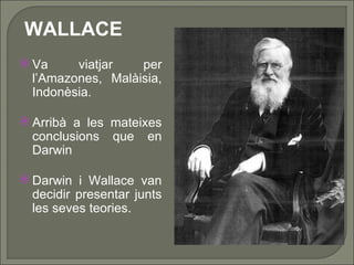 WALLACE
 Va
viatjar
per
l’Amazones, Malàisia,
Indonèsia.
 Arribà a les mateixes
conclusions que en
Darwin
 Darwin i Wal...