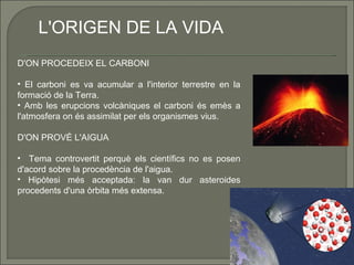 L'ORIGEN DE LA VIDA
D'ON PROCEDEIX EL CARBONI
• El carboni es va acumular a l'interior terrestre en la
formació de la Terra.
• Amb les erupcions volcàniques el carboni és emès a
l'atmosfera on és assimilat per els organismes vius.
D'ON PROVÉ L'AIGUA
• Tema controvertit perquè els científics no es posen
d'acord sobre la procedència de l'aigua.
• Hipòtesi més acceptada: la van dur asteroides
procedents d'una òrbita més extensa.

 