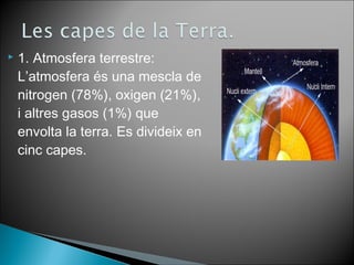  1. Atmosfera terrestre: 
L’atmosfera és una mescla de 
nitrogen (78%), oxigen (21%), 
i altres gasos (1%) que 
envolta la terra. Es divideix en 
cinc capes. 
 