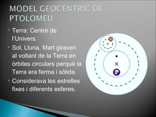  Terra: Centre de 
l’Univers. 
 Sol, Lluna, Mart giraven 
al voltant de la Terra en 
òrbites circulars perquè la 
Terra era ferma i sòlida. 
 Considerava les estrelles 
fixes i diferents esferes. 
 