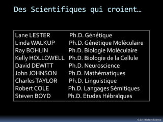 Des Scientifiques qui croient…


Lane LESTER        Ph.D. Génétique
Linda WALKUP      Ph.D. Génétique Moléculaire
Ray BOHLIN        Ph.D. Biologie Moléculaire
Kelly HOLLOWELL   Ph.D. Biologie de la Cellule
David DEWITT      Ph.D. Neuroscience
John JOHNSON      Ph.D. Mathématiques
Charles TAYLOR    Ph.D. Linguistique
Robert COLE       Ph.D. Langages Sémitiques
Steven BOYD       Ph.D. Etudes Hébraïques


                                           O.Le - Bible et Science
 