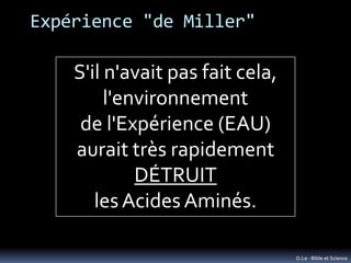 Expérience "de Miller"

    S'il n'avait pas fait cela,
         l'environnement
     de l'Expérience (EAU)
    aurait très rapidement
             DÉTRUIT
       les Acides Aminés.

                                  O.Le - Bible et Science
 