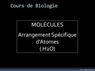 Cours de Biologie


       MOLÉCULES
  Arrangement Spécifique
        d'Atomes
          ( H2O)


                        ...