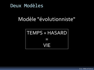 Deux Modèles

  Modèle "évolutionniste"

     TEMPS + HASARD
            =
           VIE



                            O...