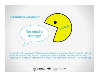 LEADERSHIP	
  ENGAGEMENT	
  
We need a
strategy!
CULTURE
"Any	
  leader	
  of	
  an	
  organization	
  that	
  makes	
  speeches	
  about	
  change	
  and	
  doesn’t	
  'walk	
  the	
  walk'	
  will	
  
be	
  met	
  with	
  limited,	
  if	
  any,	
  success.	
  To	
  get	
  others	
  to	
  buy	
  in	
  to	
  a	
  plan,	
  they	
  must	
  see	
  that	
  their	
  
leadership	
  is	
  willing	
  to	
  roll	
  up	
  those	
  sleeves	
  and	
  get	
  dirty	
  right	
  along	
  with	
  them."	
  -­‐-­‐	
  SocialPath	
  Blog	
  
 
