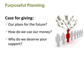 Purposeful Planning


Case for giving:
Our plans for the future?
How do we use our money?
Why do we deserve your
 support?
 
