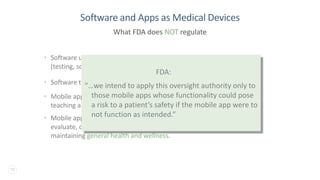 15
• Software used to make or maintain a device
(testing, source code, servicing, etc.).
• Software that simply retrieves and/or organizes data.
• Mobile apps that are electronic copies of medical textbooks,
teaching aids or reference materials, etc.
• Mobile apps that are solely used to log, record, track,
evaluate, or make decisions related to developing or
maintaining general health and wellness.
Software and Apps as Medical Devices
What FDA does NOT regulate
FDA:
“…we intend to apply this oversight authority only to
those mobile apps whose functionality could pose
a risk to a patient’s safety if the mobile app were to
not function as intended.”
 