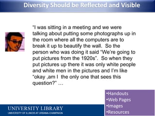 Diversity Should be Reflected and Visible“I was sitting in a meeting and we were talking about putting some photographs up in the room where all the computers are to break it up to beautify the wall.  So the person who was doing it said “We’re going to put pictures from the 1920s”.  So when they put pictures up there it was only white people and white men in the pictures and I’m like  “okay ,am I  the only one that sees this question?” …Handouts