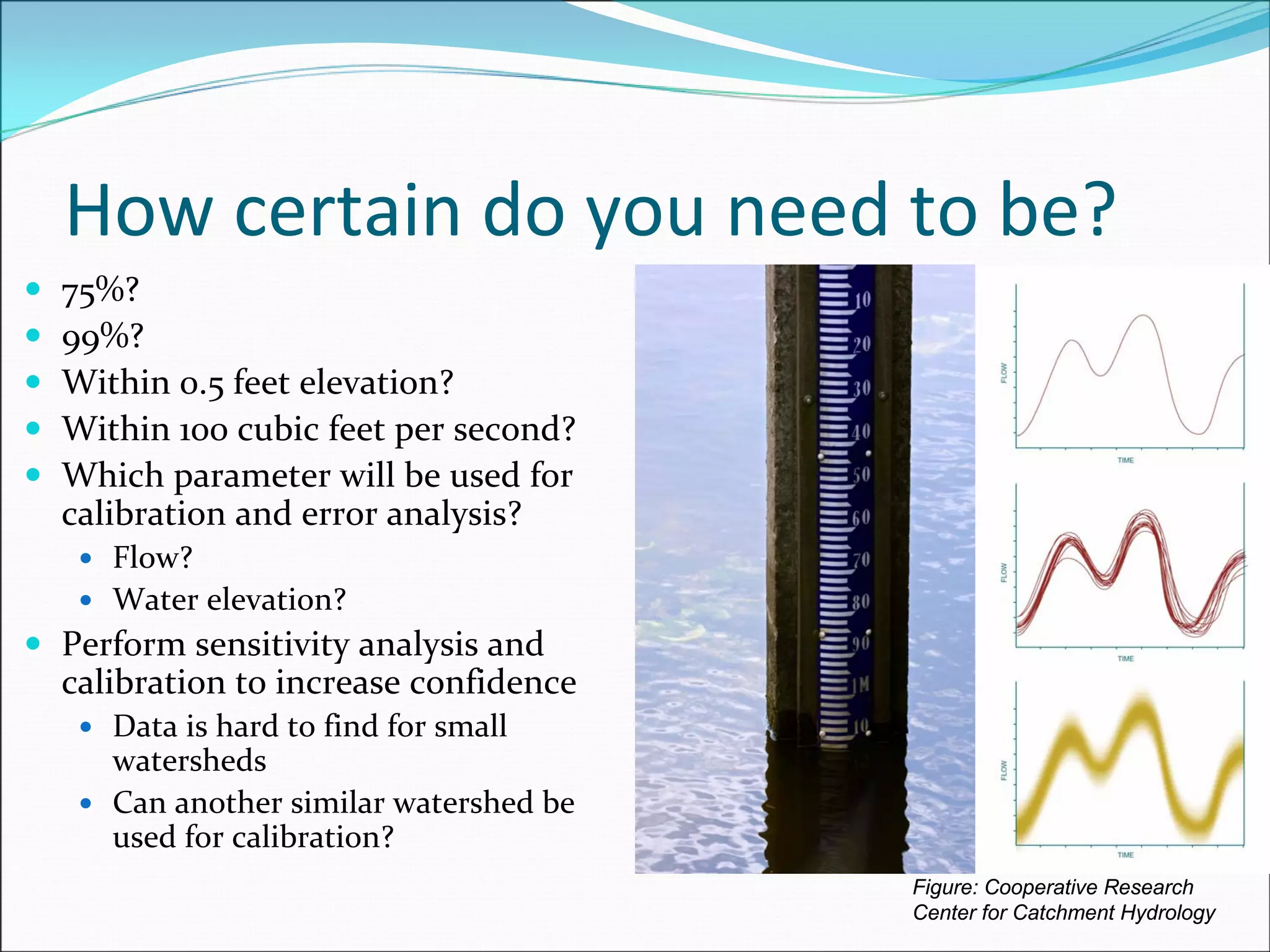 How certain do you need to be?
Figure: Cooperative Research
Center for Catchment Hydrology
75%?
99%?
Within 0.5 feet elevation?
Within 100 cubic feet per second?
Which parameter will be used for 
calibration and error analysis?
Flow?
Water elevation?
Perform sensitivity analysis and 
calibration to increase confidence
Data is hard to find for small 
watersheds
Can another similar watershed be 
used for calibration?
 