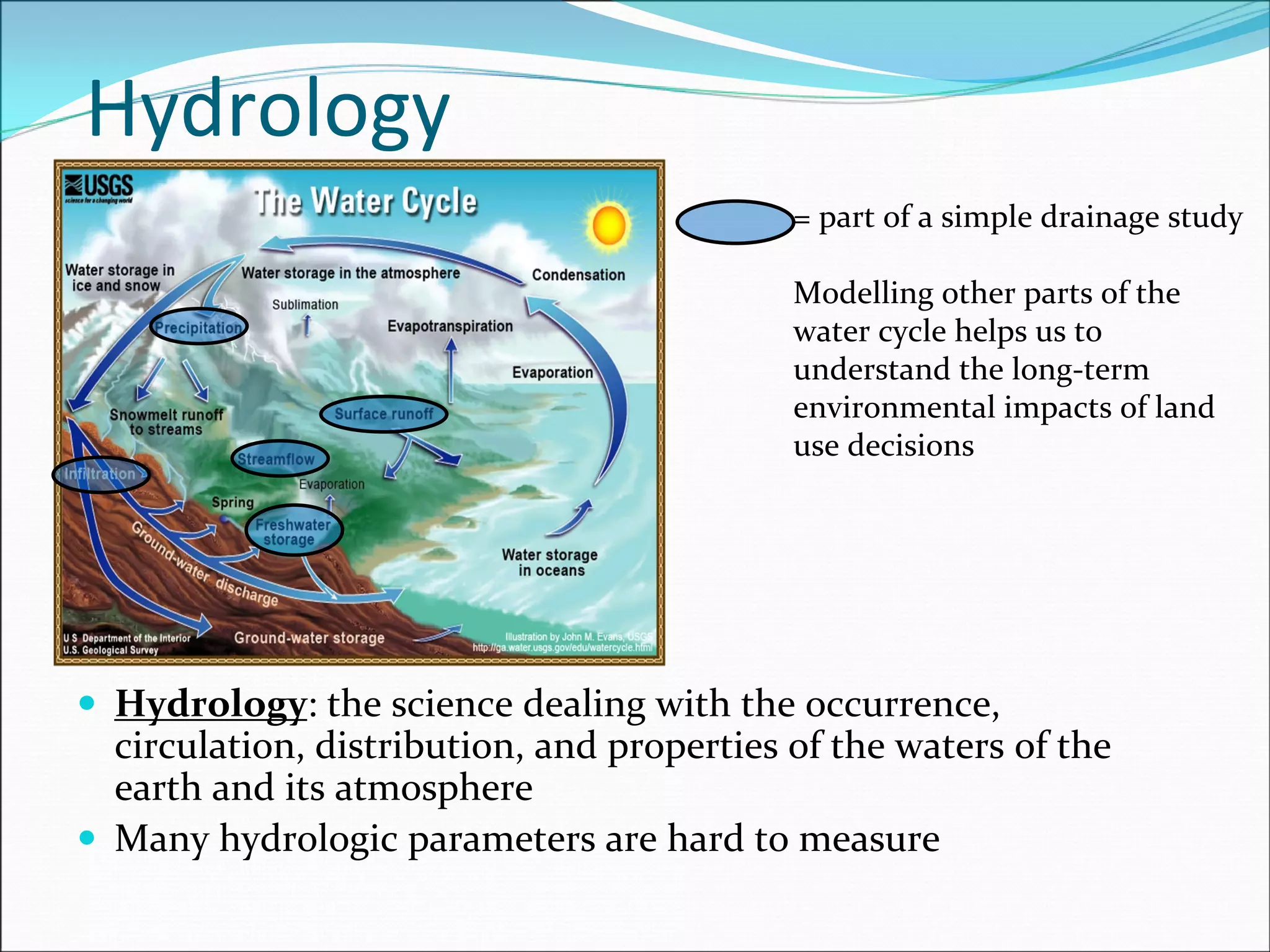 Hydrology
Hydrology: the science dealing with the occurrence, 
circulation, distribution, and properties of the waters of the 
earth and its atmosphere
Many hydrologic parameters are hard to measure
= part of a simple drainage study
Modelling other parts of the 
water cycle helps us to 
understand the long‐term 
environmental impacts of land 
use decisions 
Hydrology
 