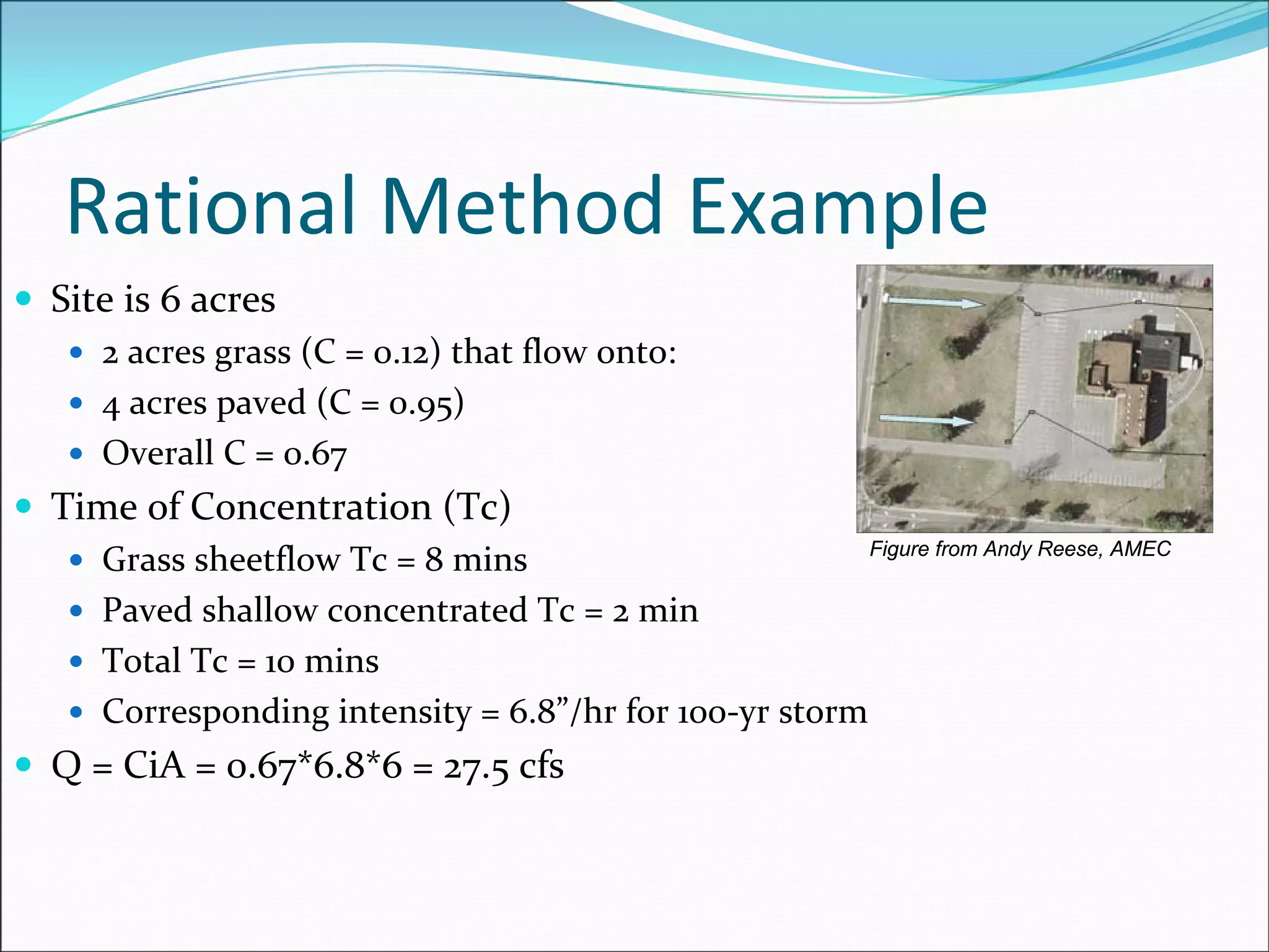 Rational Method Example
Site is 6 acres
2 acres grass (C = 0.12) that flow onto:
4 acres paved (C = 0.95)
Overall C = 0.67
Time of Concentration (Tc)
Grass sheetflow Tc = 8 mins
Paved shallow concentrated Tc = 2 min
Total Tc = 10 mins
Corresponding intensity = 6.8”/hr for 100‐yr storm
Q = CiA = 0.67*6.8*6 = 27.5 cfs
Figure from Andy Reese, AMEC
 