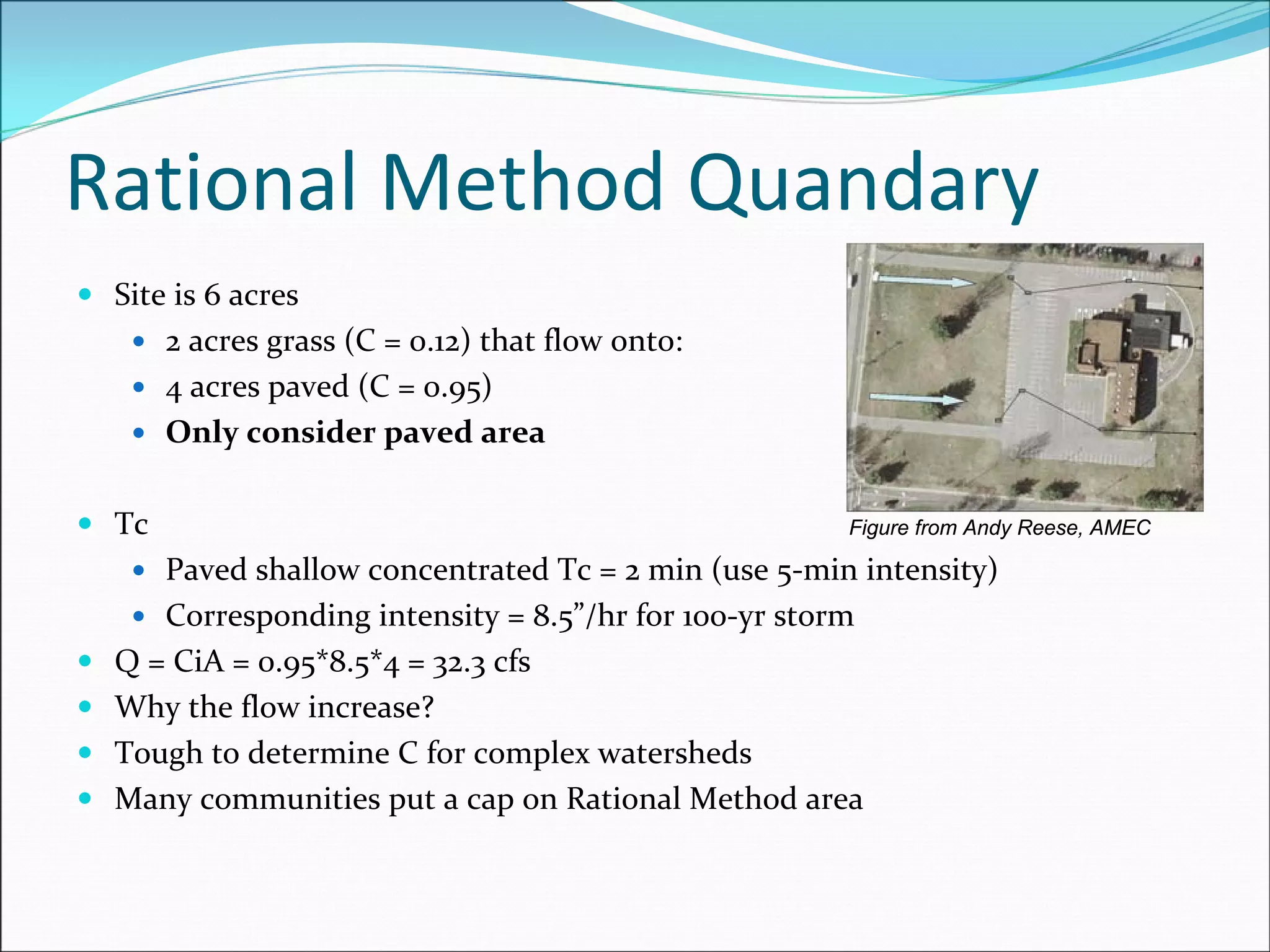 Rational Method Quandary
Site is 6 acres
2 acres grass (C = 0.12) that flow onto:
4 acres paved (C = 0.95)
Only consider paved area
Tc
Paved shallow concentrated Tc = 2 min (use 5‐min intensity)
Corresponding intensity = 8.5”/hr for 100‐yr storm
Q = CiA = 0.95*8.5*4 = 32.3 cfs
Why the flow increase?
Tough to determine C for complex watersheds
Many communities put a cap on Rational Method area
Figure from Andy Reese, AMEC
 