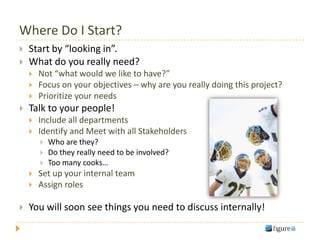 Where Do I Start?
   Start by “looking in”.
   What do you really need?
       Not “what would we like to have?”
       Focus on your objectives – why are you really doing this project?
       Prioritize your needs
   Talk to your people!
       Include all departments
       Identify and Meet with all Stakeholders
           Who are they?
           Do they really need to be involved?
           Too many cooks…
       Set up your internal team
       Assign roles

   You will soon see things you need to discuss internally!
 