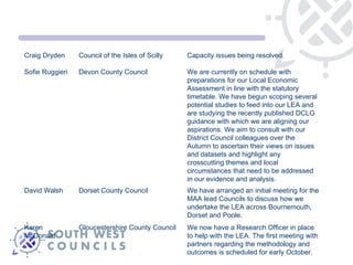We now have a Research Officer in place to help with the LEA. The first meeting with partners regarding the methodology and outcomes is scheduled for early October. Gloucestershire County Council Karen McDonald We have arranged an initial meeting for the MAA lead Councils to discuss how we undertake the LEA across Bournemouth, Dorset and Poole. Dorset County Council David Walsh We are currently on schedule with preparations for our Local Economic Assessment in line with the statutory timetable. We have begun scoping several potential studies to feed into our LEA and are studying the recently published DCLG guidance with which we are aligning our aspirations. We aim to consult with our District Council colleagues over the Autumn to ascertain their views on issues and datasets and highlight any crosscutting themes and local circumstances that need to be addressed in our evidence and analysis.  Devon County Council  Sofie Ruggieri  Capacity issues being resolved.  Council of the Isles of Scilly Craig Dryden 