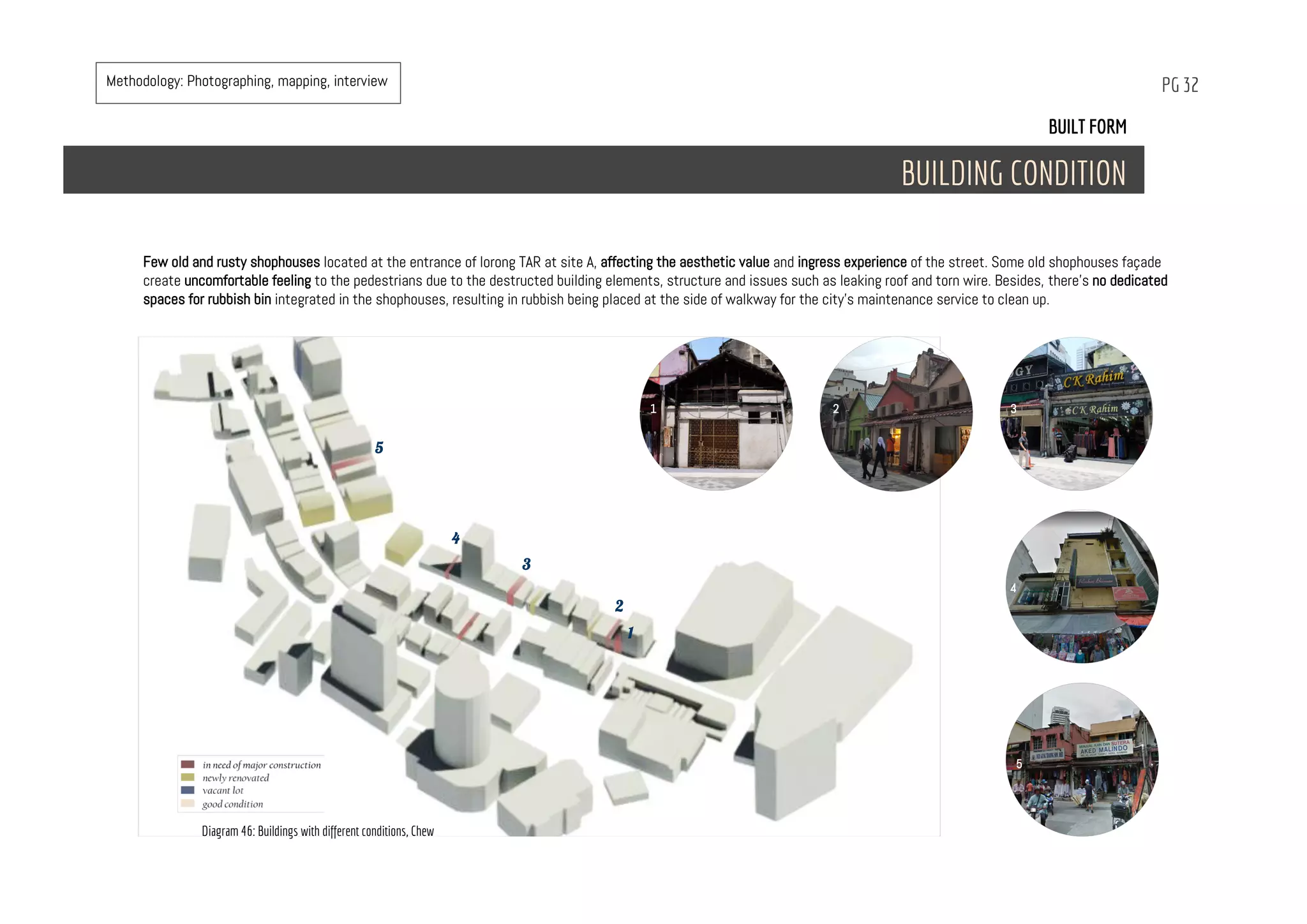 PG 32
BUILT FORM
BUILDING CONDITION
Few old and rusty shophouses located at the entrance of lorong TAR at site A, affecting the aesthetic value and ingress experience of the street. Some old shophouses façade
create uncomfortable feeling to the pedestrians due to the destructed building elements, structure and issues such as leaking roof and torn wire. Besides, there’s no dedicated
spaces for rubbish bin integrated in the shophouses, resulting in rubbish being placed at the side of walkway for the city’s maintenance service to clean up.
1
1 2 3
4
5
2
3
4
5
Diagram 46: Buildings with different conditions, Chew
Methodology: Photographing, mapping, interview
 