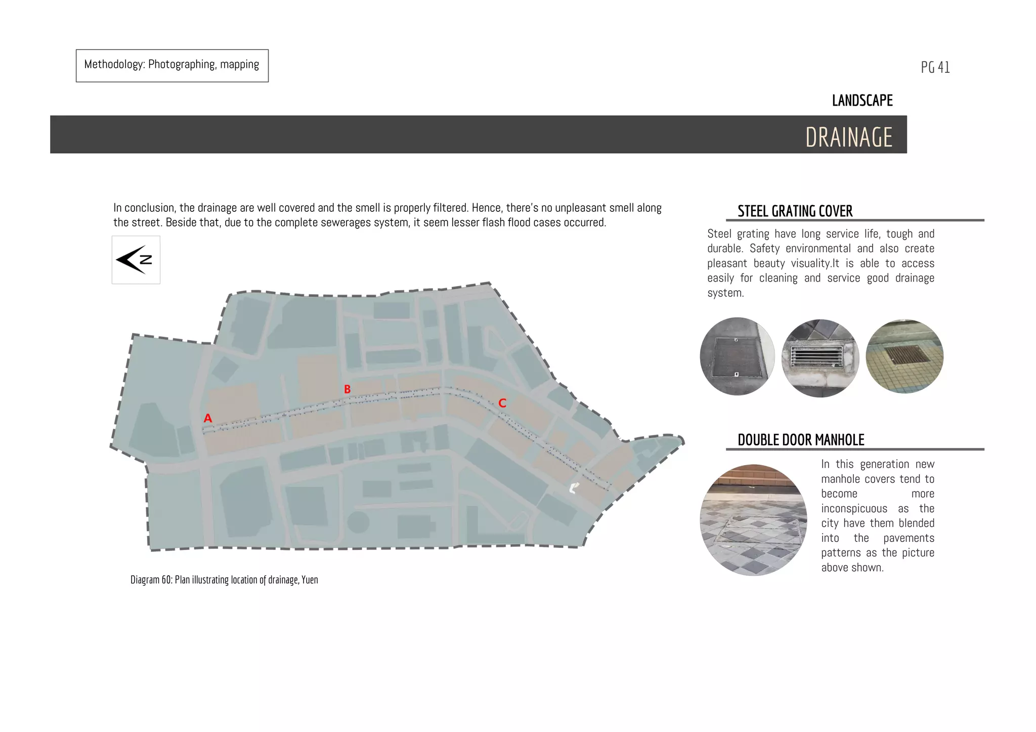 In this generation new
manhole covers tend to
become more
inconspicuous as the
city have them blended
into the pavements
patterns as the picture
above shown.
LANDSCAPE
DRAINAGE
PG 41
In conclusion, the drainage are well covered and the smell is properly filtered. Hence, there’s no unpleasant smell along
the street. Beside that, due to the complete sewerages system, it seem lesser flash flood cases occurred.
Diagram 60: Plan illustrating location of drainage, Yuen
Steel grating have long service life, tough and
durable. Safety environmental and also create
pleasant beauty visuality.It is able to access
easily for cleaning and service good drainage
system.
STEEL GRATING COVER
DOUBLE DOOR MANHOLE
Methodology: Photographing, mapping
 