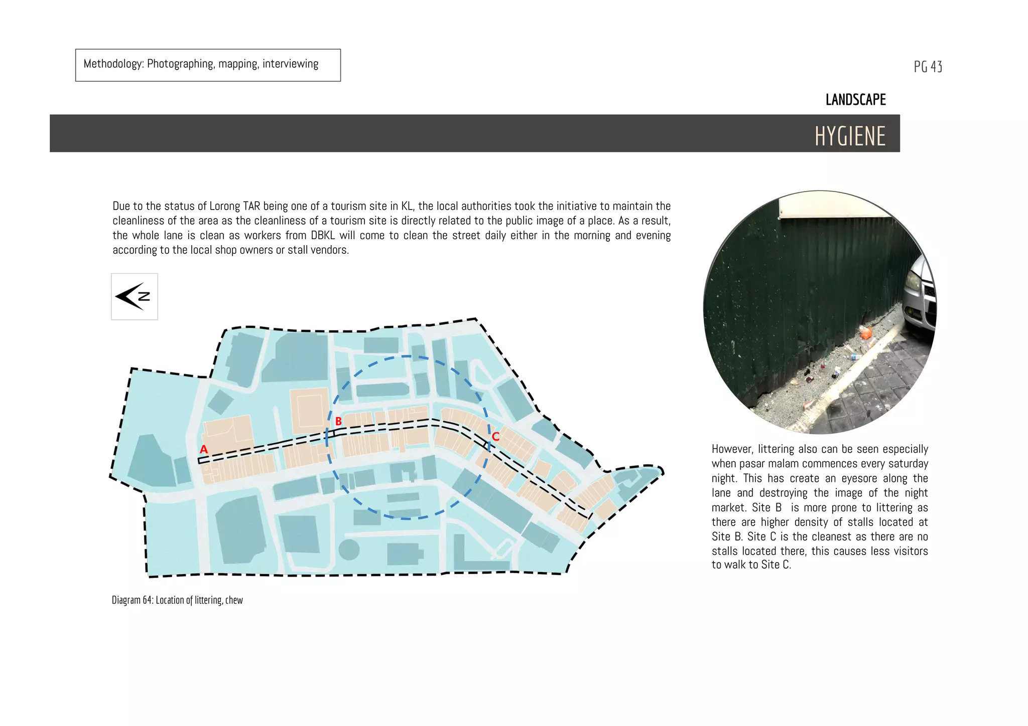 LANDSCAPE
HYGIENE
Diagram 64: Location of littering, chew
PG 43
However, littering also can be seen especially
when pasar malam commences every saturday
night. This has create an eyesore along the
lane and destroying the image of the night
market. Site B is more prone to littering as
there are higher density of stalls located at
Site B. Site C is the cleanest as there are no
stalls located there, this causes less visitors
to walk to Site C.
Due to the status of Lorong TAR being one of a tourism site in KL, the local authorities took the initiative to maintain the
cleanliness of the area as the cleanliness of a tourism site is directly related to the public image of a place. As a result,
the whole lane is clean as workers from DBKL will come to clean the street daily either in the morning and evening
according to the local shop owners or stall vendors.
Methodology: Photographing, mapping, interviewing
 