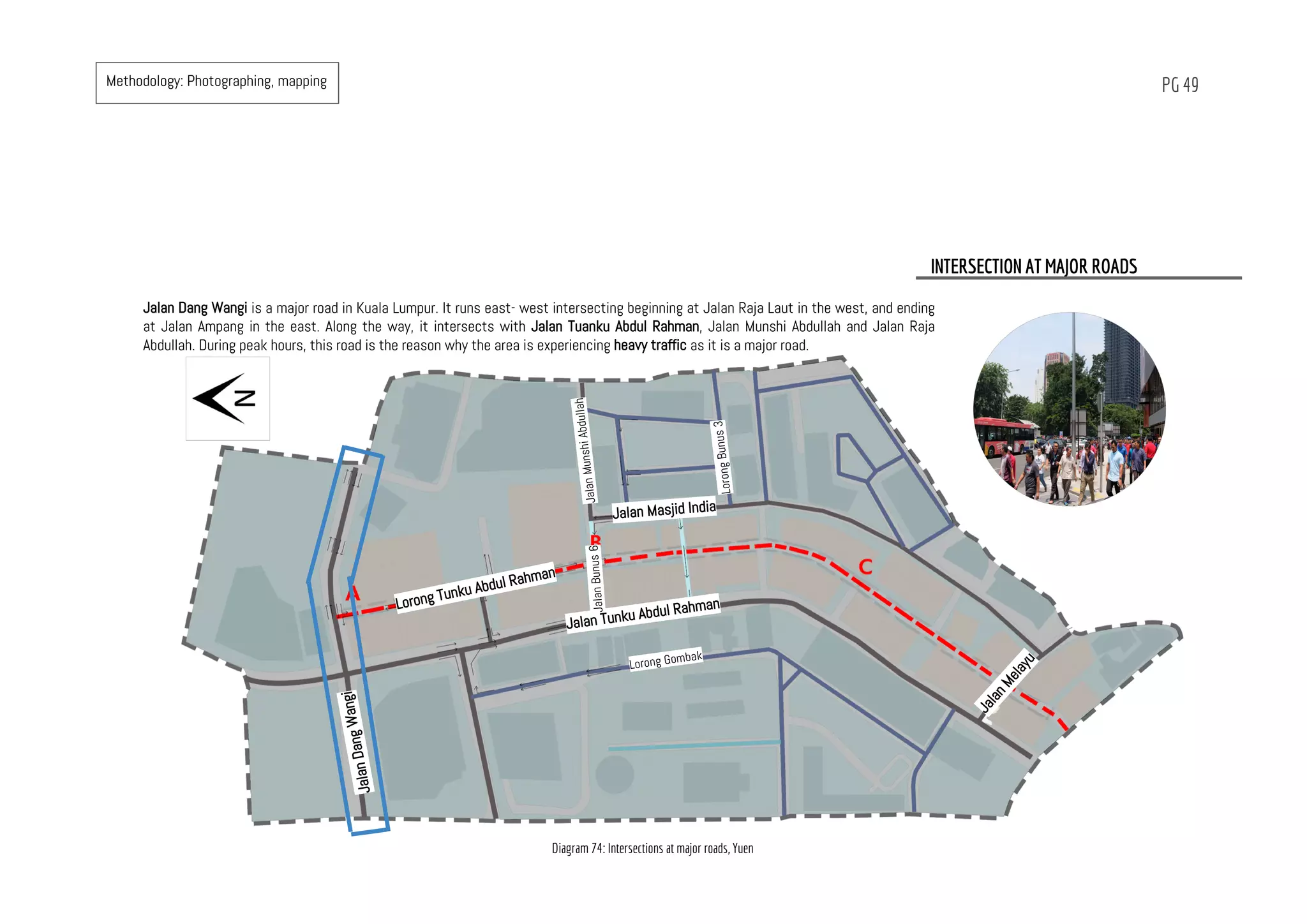PG 49
Jalan Dang Wangi is a major road in Kuala Lumpur. It runs east- west intersecting beginning at Jalan Raja Laut in the west, and ending
at Jalan Ampang in the east. Along the way, it intersects with Jalan Tuanku Abdul Rahman, Jalan Munshi Abdullah and Jalan Raja
Abdullah. During peak hours, this road is the reason why the area is experiencing heavy traffic as it is a major road.
Lorong Tunku Abdul Rahman
Jalan Tunku Abdul Rahman
Lorong Gombak
JalanDangWangi
Jalan Masjid India
LorongBunus3
JalanMunshiAbdullah
JalanMelayu
JalanBunus6
INTERSECTION AT MAJOR ROADS
Diagram 74: Intersections at major roads, Yuen
Methodology: Photographing, mapping
 