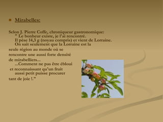 Mirabelles: Selon J. Pierre Coffe, chroniqueur gastronomique:  " Le bonheur existe, je l'ai rencontré.  Il pèse 14,3 g (noyau compris) et vient de Lorraine.  On sait seulement que la Lorraine est la  seule région au monde où se  rencontre une aussi forte densité  de mirabelliers...  ...Comment ne pas être ébloui et reconnaissant qu'un fruit  aussi petit puisse procurer  tant de joie !." 