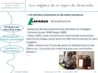 Les origines de ce types de démarche Concilier les 3 préoccupations Privilégier une vision long terme Rechercher des  synergies partenariales 