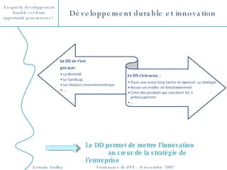 Développement durable et innovation Le DD permet de mettre l’innovation  au cœur de la stratégie de l’entreprise 