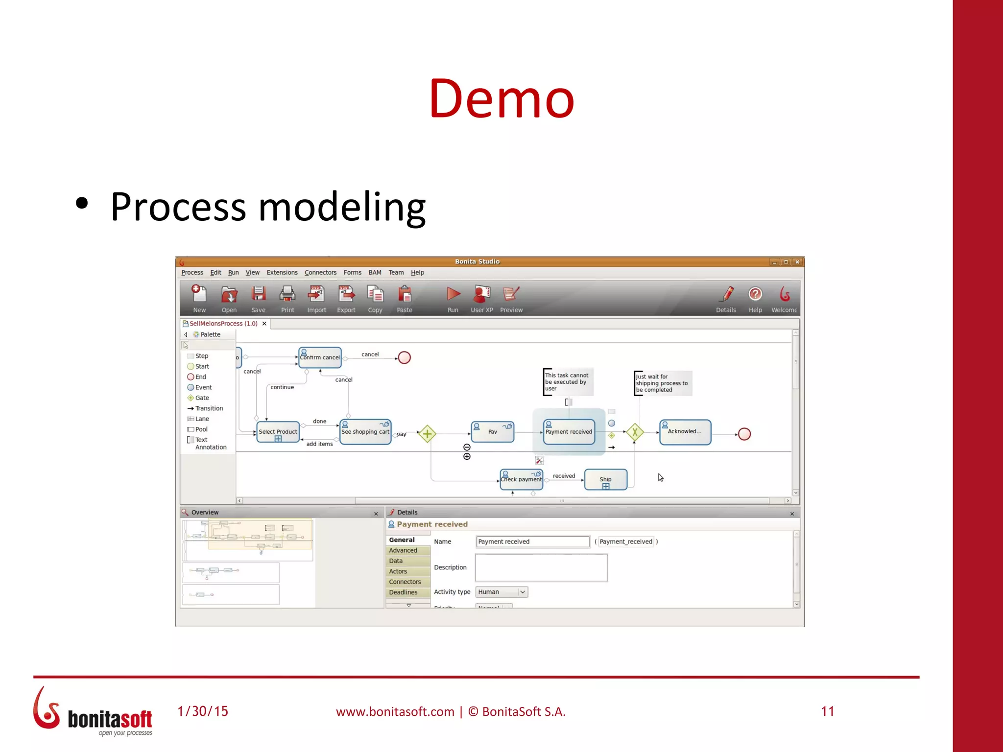 1/30/15 www.bonitasoft.com | © BonitaSoft S.A. 11
Demo
●
Process modeling
 