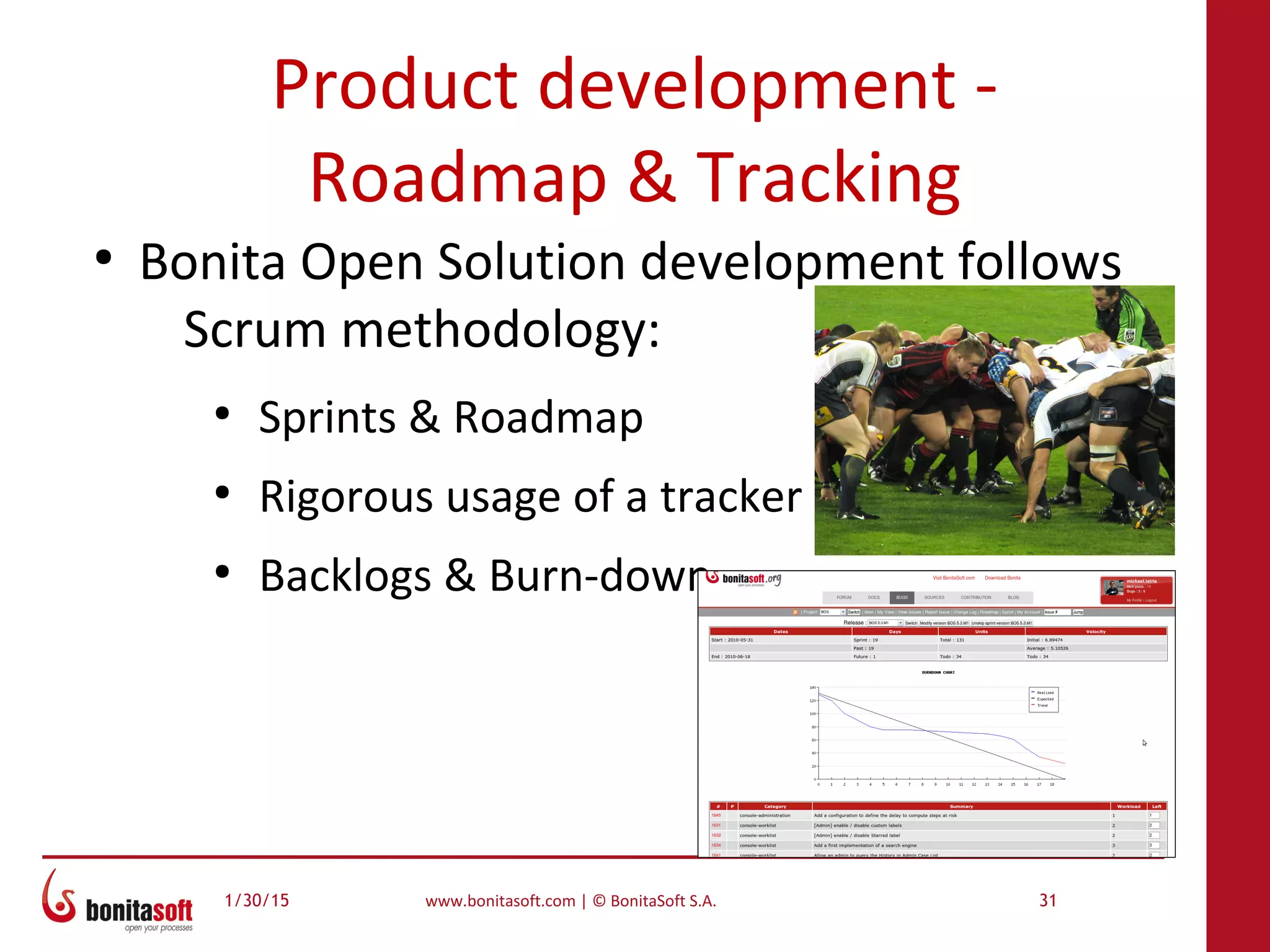 1/30/15 www.bonitasoft.com | © BonitaSoft S.A. 31
Product development -
Roadmap & Tracking
●
Bonita Open Solution development follows
Scrum methodology:
●
Sprints & Roadmap
●
Rigorous usage of a tracker
●
Backlogs & Burn-down
 