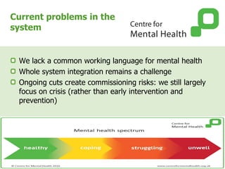 Current problems in the
system
We lack a common working language for mental health
Whole system integration remains a challenge
Ongoing cuts create commissioning risks: we still largely
focus on crisis (rather than early intervention and
prevention)
 