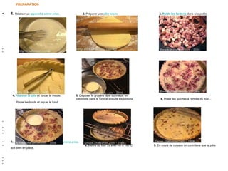 PREPARATION 1.   Réaliser un  appareil à crème prise .  2.  Préparer une  pâte brisée   3.  Raidir les lardons  dans une poêle . 4.   Abaisser la pâte  et foncer le moule.  5.  Disposer le gruyère râpé ou mieux, en  bâtonnets dans le fond et ensuite les lardons.  6.  Poser les quiches à l'entrée du four... Pincer les bords et piquer le fond. . 7.  ... les remplir aux 2/3 avec l' appareil à crème prise .  8.  Mettre au four 35 à 40 mn à 180°C  9.  En cours de cuisson on contrôlera que la pâte soit bien en place,  