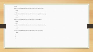 case 5:
printf("USTED PERTENECE A LA PROVINCIA DE COTOPAXI");
break;
case 6:
printf("USTED PERTENECE A LA PROVINCIA DE CHIMBORAZO");
break;
case 7:
printf("USTED PERTENECE A LA PROVINCIA DEL ORO");
break;
case 8:
printf("USTED PERTENECE A LA PROVINCIA DE ESMERALDAS");
break;
case 9:
printf("USTED PERTENECE A LA PROVINCIA DE GUAYAS");
break;
}
}
}
}
 
