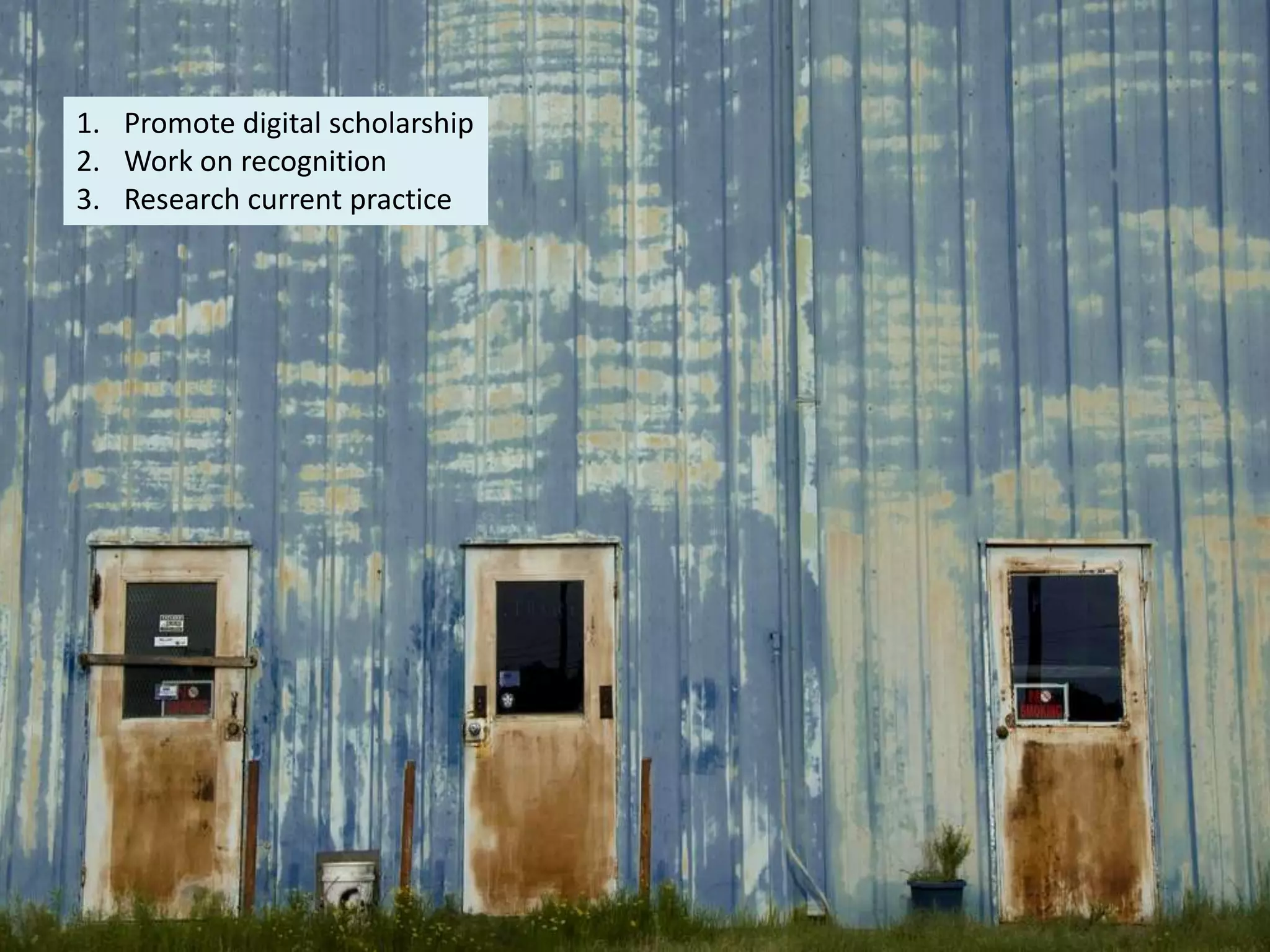 Promote digital scholarshipWork on recognitionResearch current practice