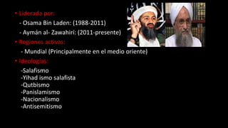 • Liderada por:
- Osama Bin Laden: (1988-2011)
- Aymán al- Zawahirí: (2011-presente)
• Regiones activas:
- Mundial (Principalmente en el medio oriente)
• Ideologías:
-Salafismo
-Yihad ismo salafista
-Qutbismo
-Panislamismo
-Nacionalismo
-Antisemitismo
 
