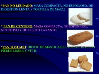 * PAN NO LEUDADO :  MASA COMPACTA, NO ESPONJOSO, DE DIGESTION LENTA. ( TORTILLA DE MAIZ.) *  PAN DE CENTENO :  MASA COMPACTA, NO ESPONJOSO, NUTRITIVO Y DE EFECTO LAXANTE . * PAN TOSTADO :  DIFICIL DE MASTICAR,EL TUESTE  INTENSO PIERDE LISINA Y VIT B. 