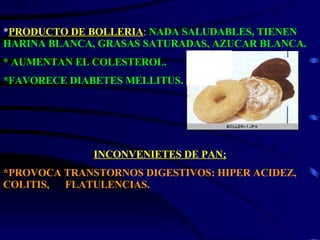 * PRODUCTO DE BOLLERIA :  NADA SALUDABLES, TIENEN HARINA BLANCA, GRASAS SATURADAS, AZUCAR BLANCA. * AUMENTAN EL COLESTEROL. *FAVORECE DIABETES MELLITUS. INCONVENIETES DE PAN; *PROVOCA TRANSTORNOS DIGESTIVOS: HIPER ACIDEZ, COLITIS,  FLATULENCIAS. 