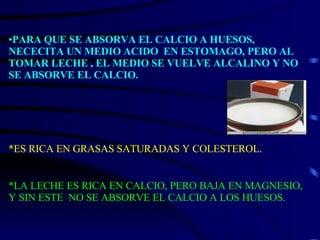 PARA QUE SE ABSORVA EL CALCIO A HUESOS, NECECITA UN MEDIO ACIDO  EN ESTOMAGO, PERO AL TOMAR LECHE , EL MEDIO SE VUELVE ALCALINO Y NO SE ABSORVE EL CALCIO. *ES RICA EN GRASAS SATURADAS Y COLESTEROL . *LA LECHE ES RICA EN CALCIO, PERO BAJA EN MAGNESIO, Y SIN ESTE  NO SE ABSORVE EL CALCIO A LOS HUESOS. 