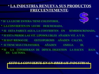 *  LA INDUSTRIA RENUEVA SUS PRODUCTOS FRECUENTEMENTE : * SI  LA LECHE ENTERA TIENE COLESTEROL, *  LA CONVIERTEN EN  LECHE  DESCREMADA,  * SI  ESTA PARECE AGUA, LA CONVIERTEN  EN  SEMIDESCREMADA, * SI ESTA PIERDE LAS VIT. LIPOSOLUBLES  AÑADEN VIT. A Y D, * SI HAY RIESGO DE  OSTEOPOROSIS  AÑADEN  CALCIO,  *  SI TIENE MAS COLESTEROL  AÑADEN  OMEGA  III, * SI  LA  CONSIDERAN  DE  DIFICIL DIGESTION  LA HACEN  BAJA  EN  LACTOSA. ESTO LA CONVIERTE EN UN BREBAJE INDUSTRIAL. $ 