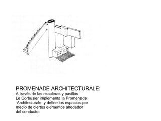 PROMENADE ARCHITECTURALE: A través de las escaleras y pasillos  Le Corbusier implementa la Promenade Architecturale, y define los espacios por medio de ciertos elementos alrededor  del conducto. 